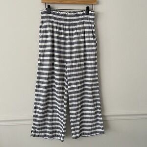 Aerie Striped Gauzy Wide Leg Crop Pants Sz M Slit Smocked Boho‎ Cottage Nautical
